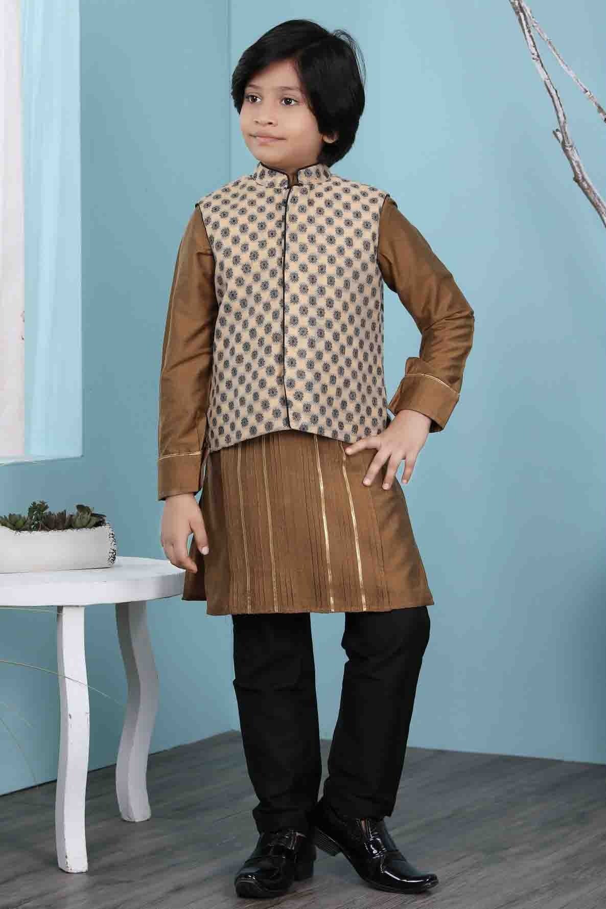 Brown and Beige Cotton Silk Kurta PajamaWith Jacket NCBW10710717