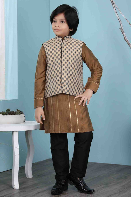 Brown and Beige Cotton Silk Kurta PajamaWith Jacket NCBW10710717