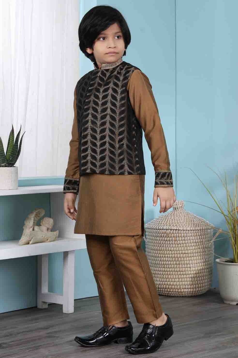 Brown and Black Cotton Silk Kurta PajamaWith Jacket  NCBW10710710