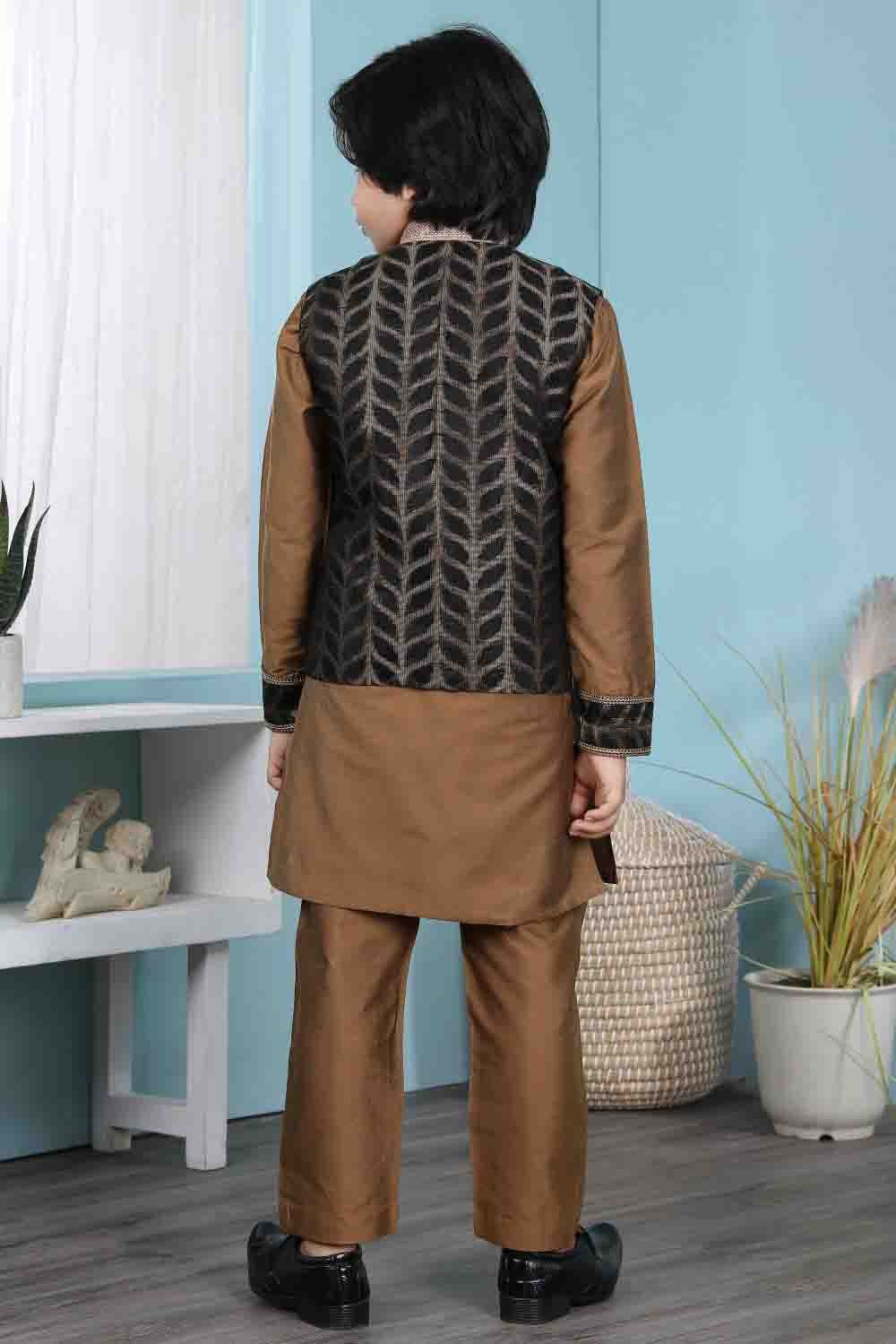 Brown and Black Cotton Silk Kurta PajamaWith Jacket  NCBW10710710