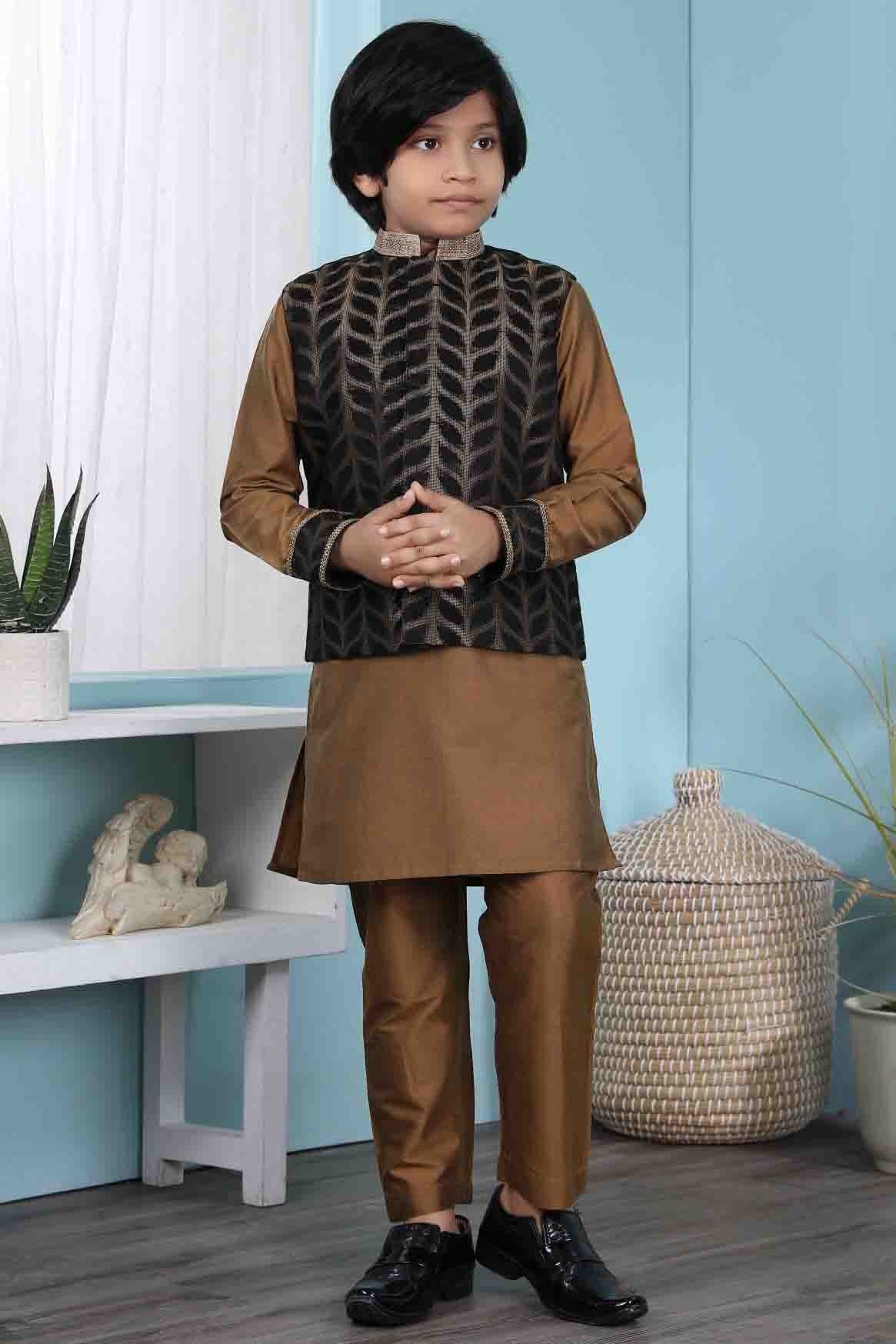 Brown and Black Cotton Silk Kurta PajamaWith Jacket NCBW10710710