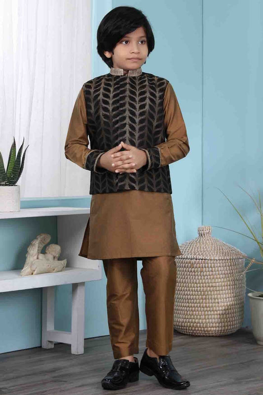 Brown and Black Cotton Silk Kurta PajamaWith Jacket NCBW10710710