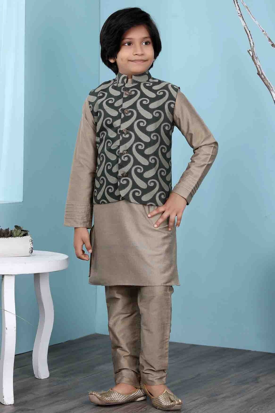 Brown and Green Handloom Silk Kurta PajamaWith Jacket NCBW10710720