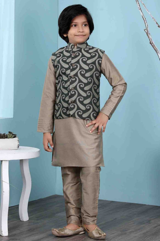 Brown and Green Handloom Silk Kurta PajamaWith Jacket NCBW10710720