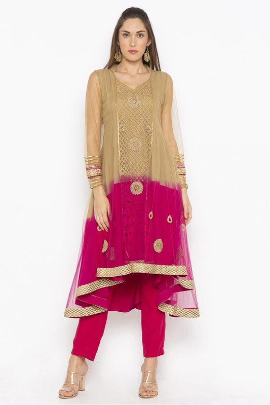 Brown and Pink Plus Size Net Embroidery Kurta Set NCKR10710206