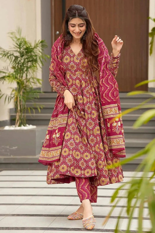 Burgundy Printed Muslin Stitched Suit NCSS11111298