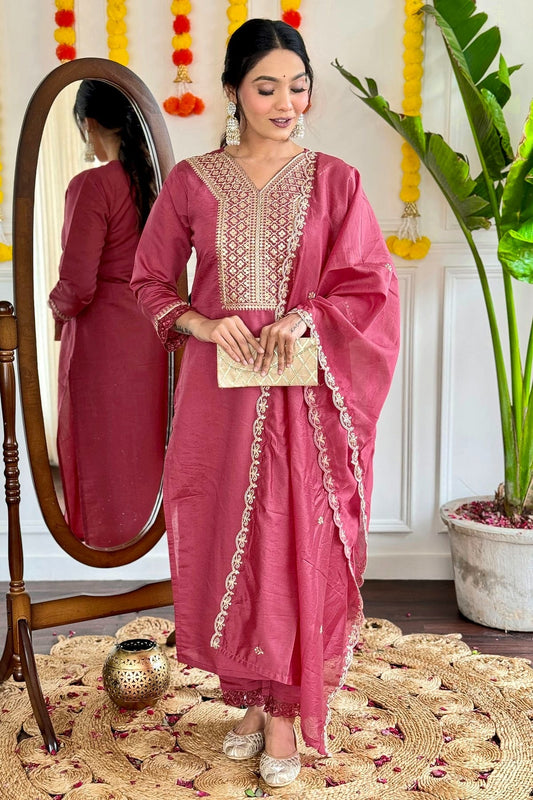 Burgundy Viscose Chanderi Stitched Salwar Suit NCSS11111995