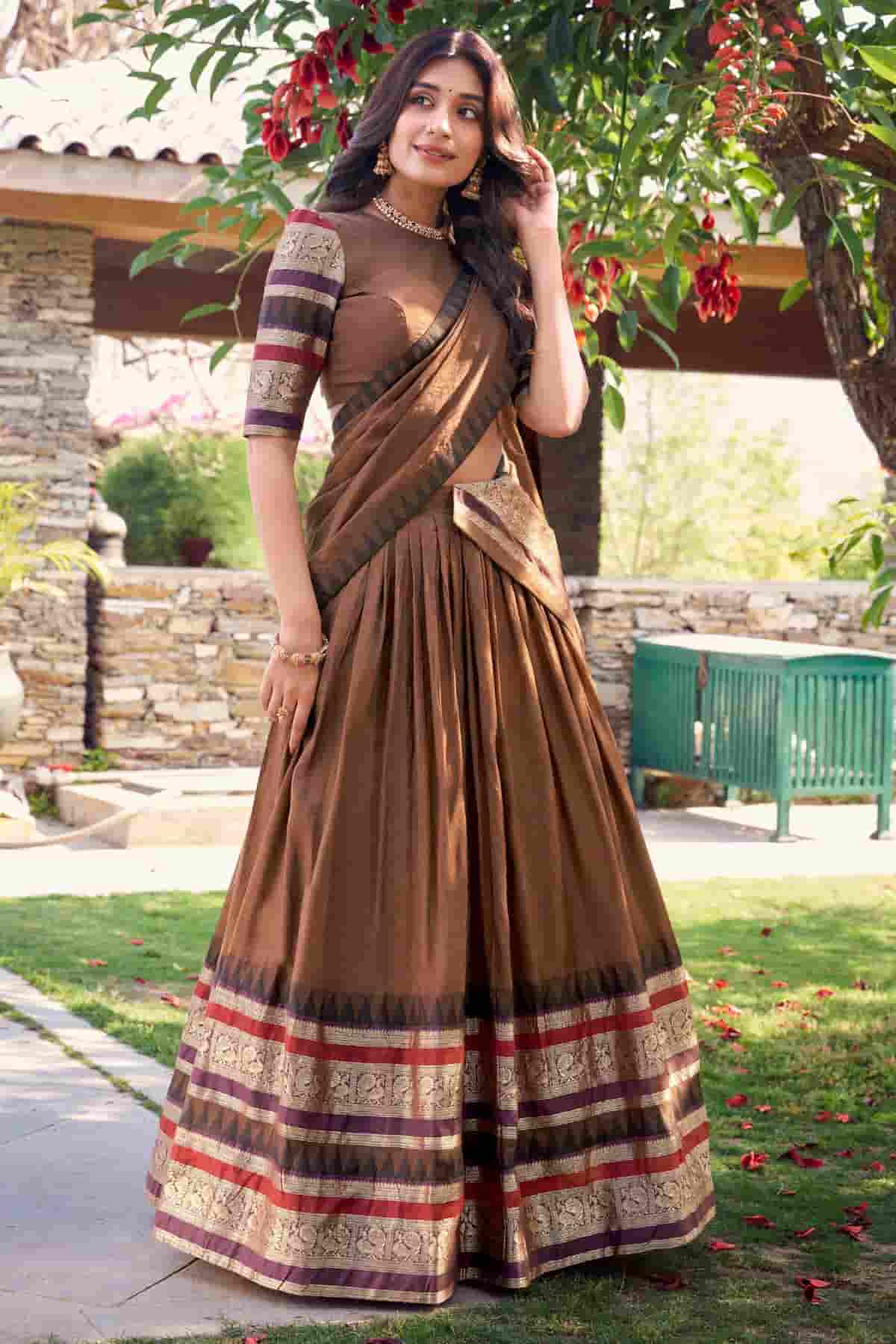 Chanderi Silk Zari Woven Work Lehenga Choli In Brown Colour NCLD1300048