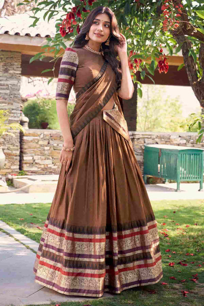 Chanderi Silk Zari Woven Work Lehenga Choli In Brown Colour NCLD1300048