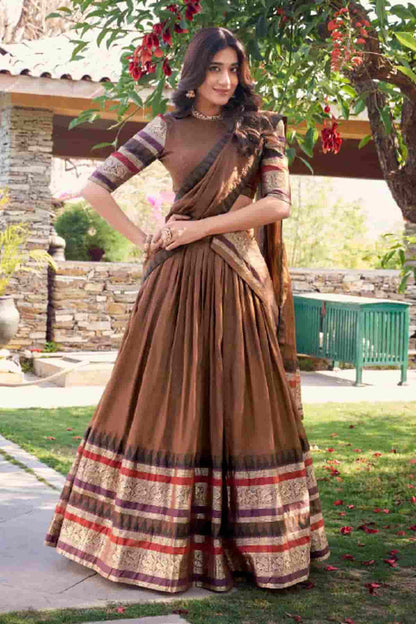Chanderi Silk Zari Woven Work Lehenga Choli In Brown Colour NCLD1300048
