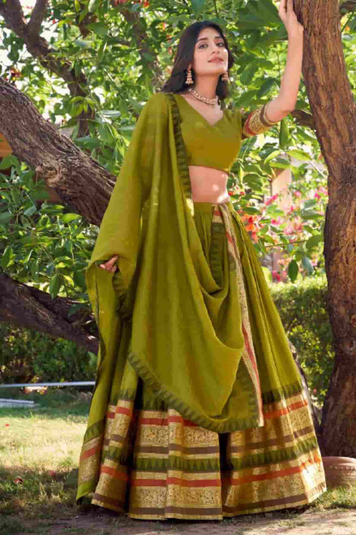 Chanderi Silk Zari Woven Work Lehenga Choli In Mehendi Green Colour NCLD1300049