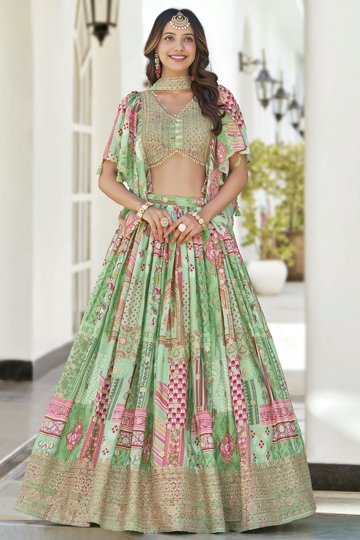 Chinon Silk Lehenga Choli In Green Colour LC10110151