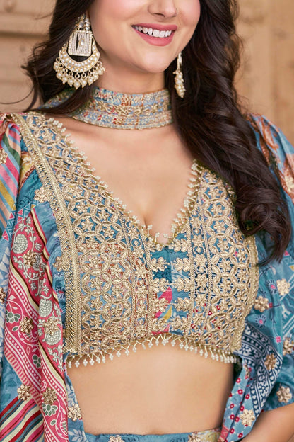 Chinon Silk Lehenga Choli In Sky Blue Colour LC10110155
