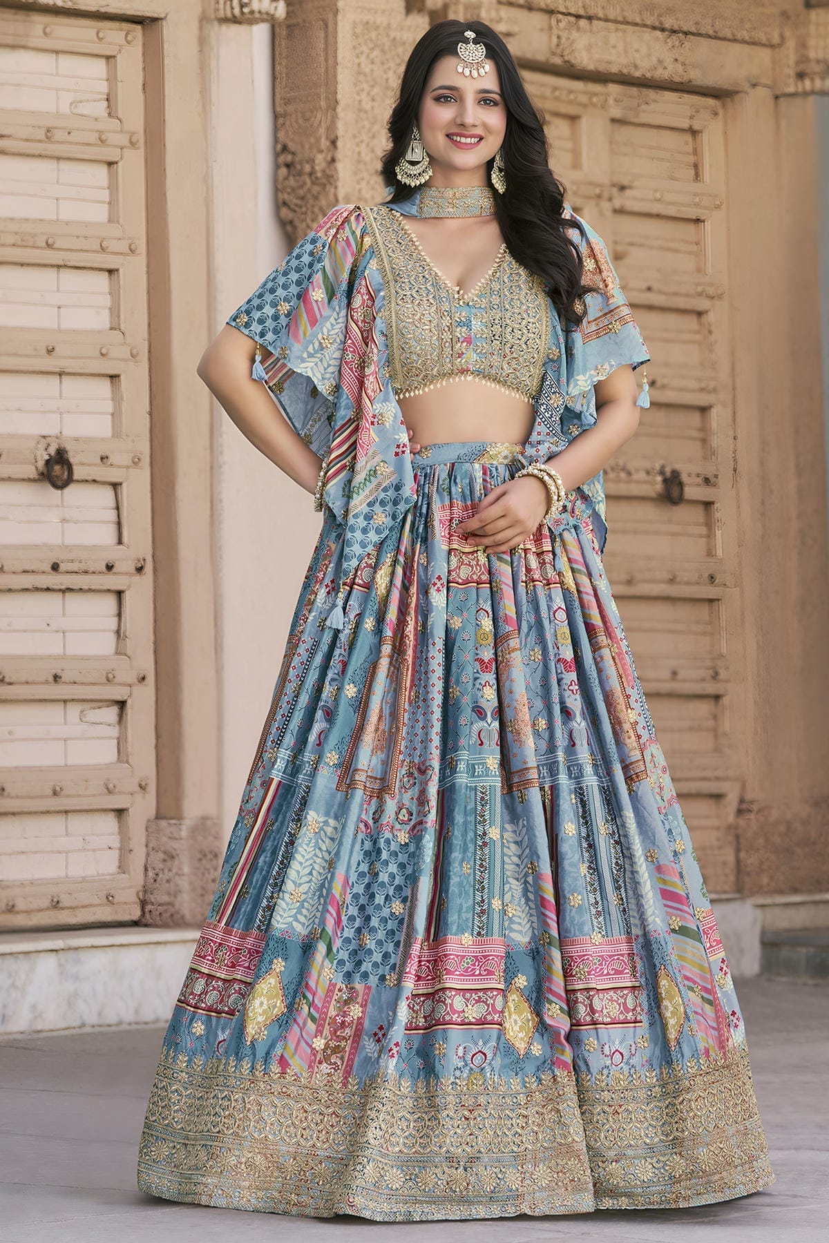 Chinon Silk Lehenga Choli In Sky Blue Colour LC10110155