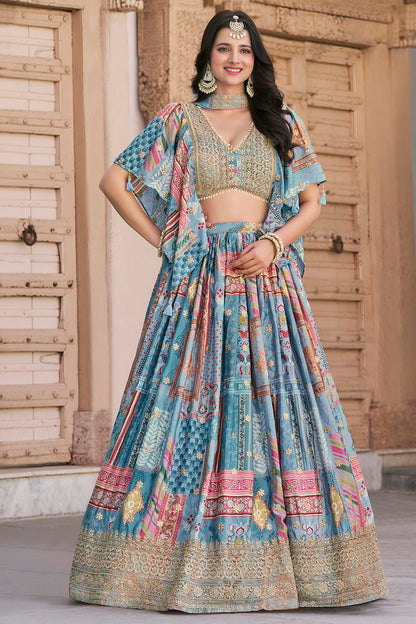 Chinon Silk Lehenga Choli In Sky Blue Colour LC10110155