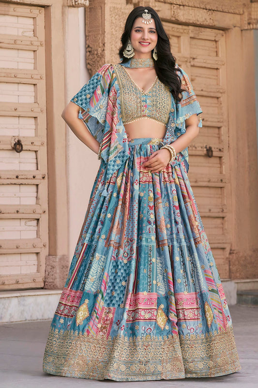 Chinon Silk Lehenga Choli In Sky Blue Colour LC10110155