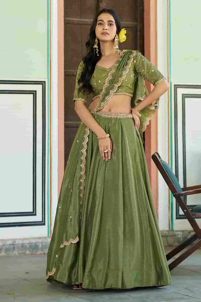 Chinon Thread Sequins Work Lehenga Choli In Light Green Colour NCLD1300040