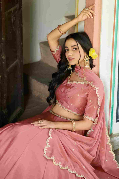 Chinon Thread Sequins Work Lehenga Choli In Peach Colour NCLD1300037