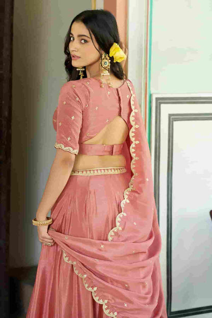 Chinon Thread Sequins Work Lehenga Choli In Peach Colour NCLD1300037
