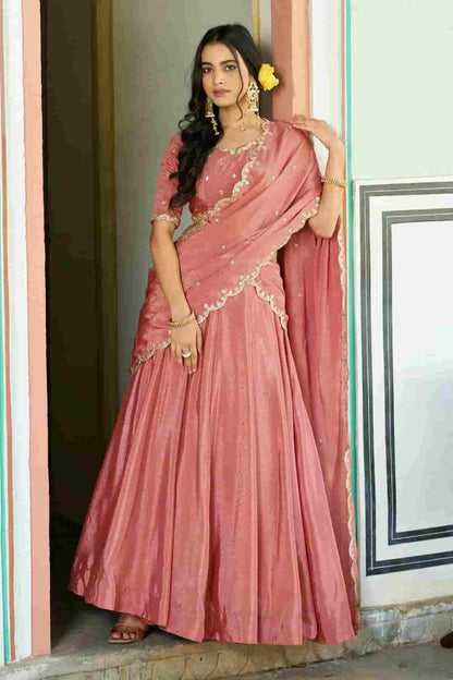 Chinon Thread Sequins Work Lehenga Choli In Peach Colour NCLD1300037