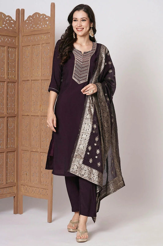 Coffee PV Chanderi Stitched Salwar Suit NCSS11111929