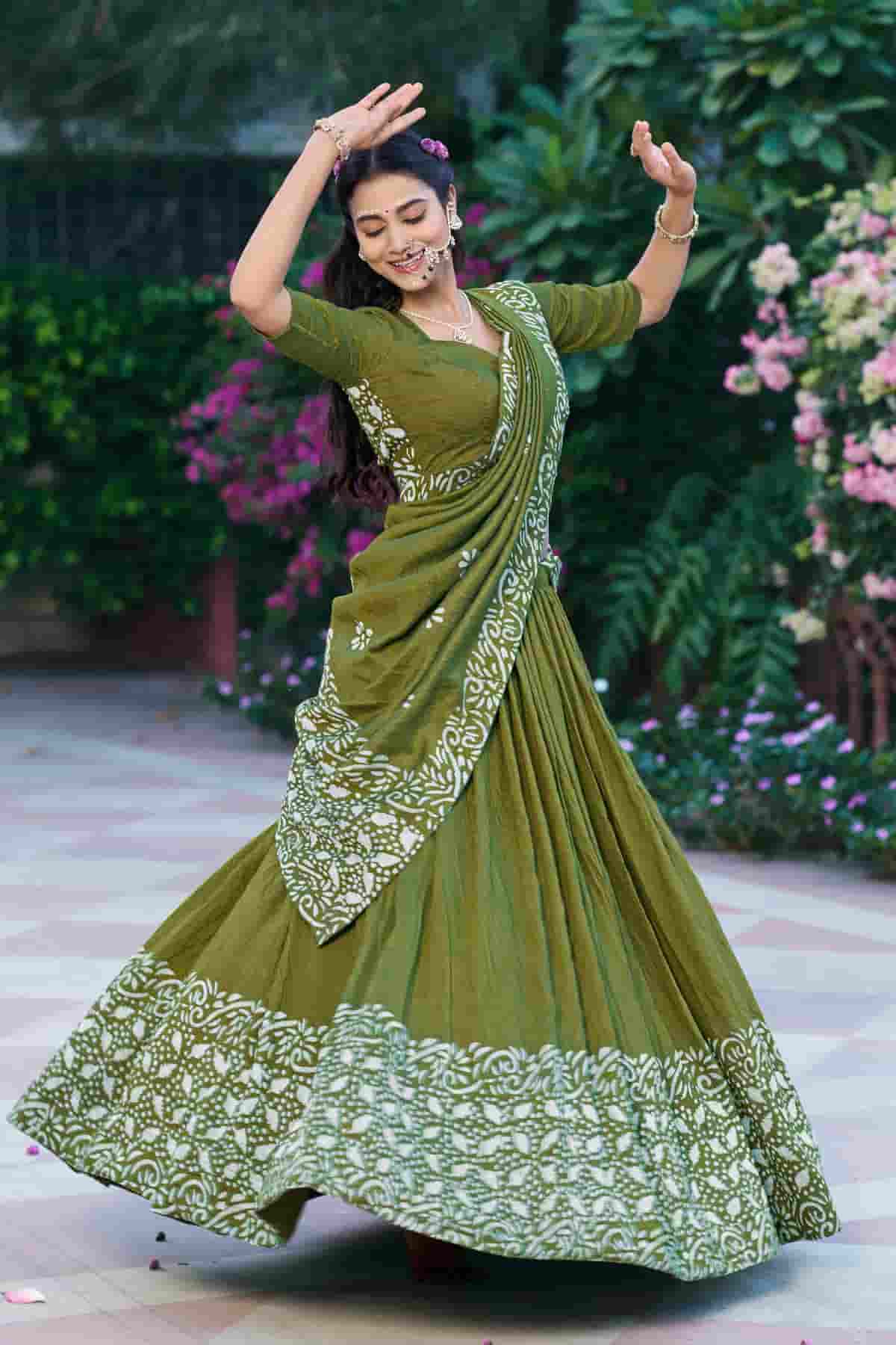 Cotton Chenderi Zari Woven Work Lehenga Choli In Mehendi Green Colour NCLD1300031