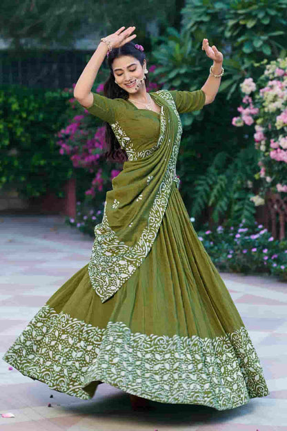 Cotton Chenderi Zari Woven Work Lehenga Choli In Mehendi Green Colour NCLD1300031