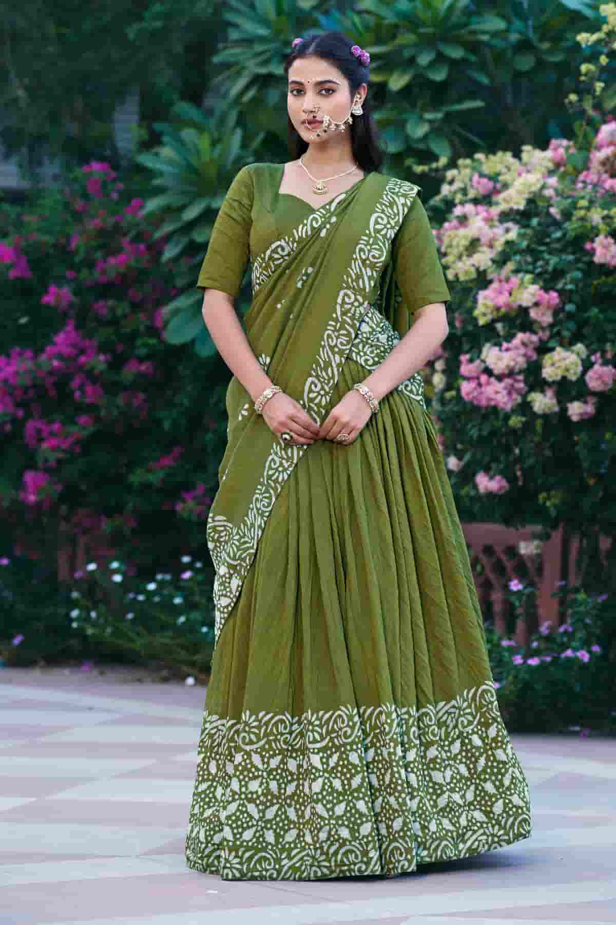 Cotton Chenderi Zari Woven Work Lehenga Choli In Mehendi Green Colour NCLD1300031