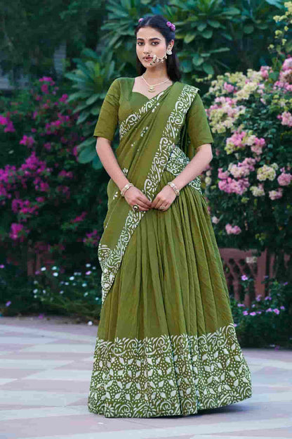 Cotton Chenderi Zari Woven Work Lehenga Choli In Mehendi Green Colour NCLD1300031