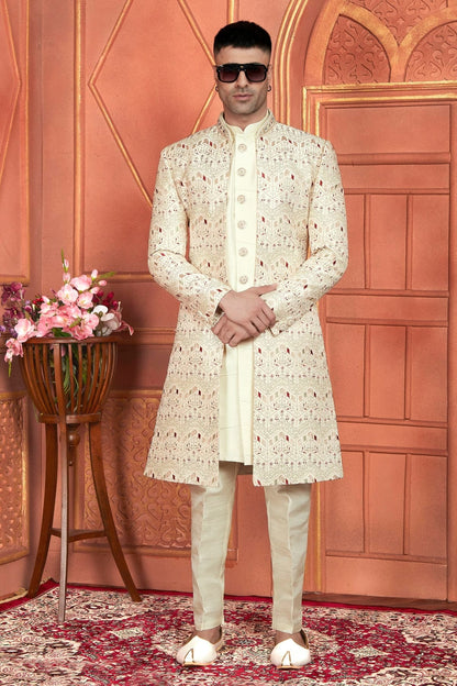 Cream Art Silk Indowestern Sherwan With Aligadhi Pant  NCSH12310364