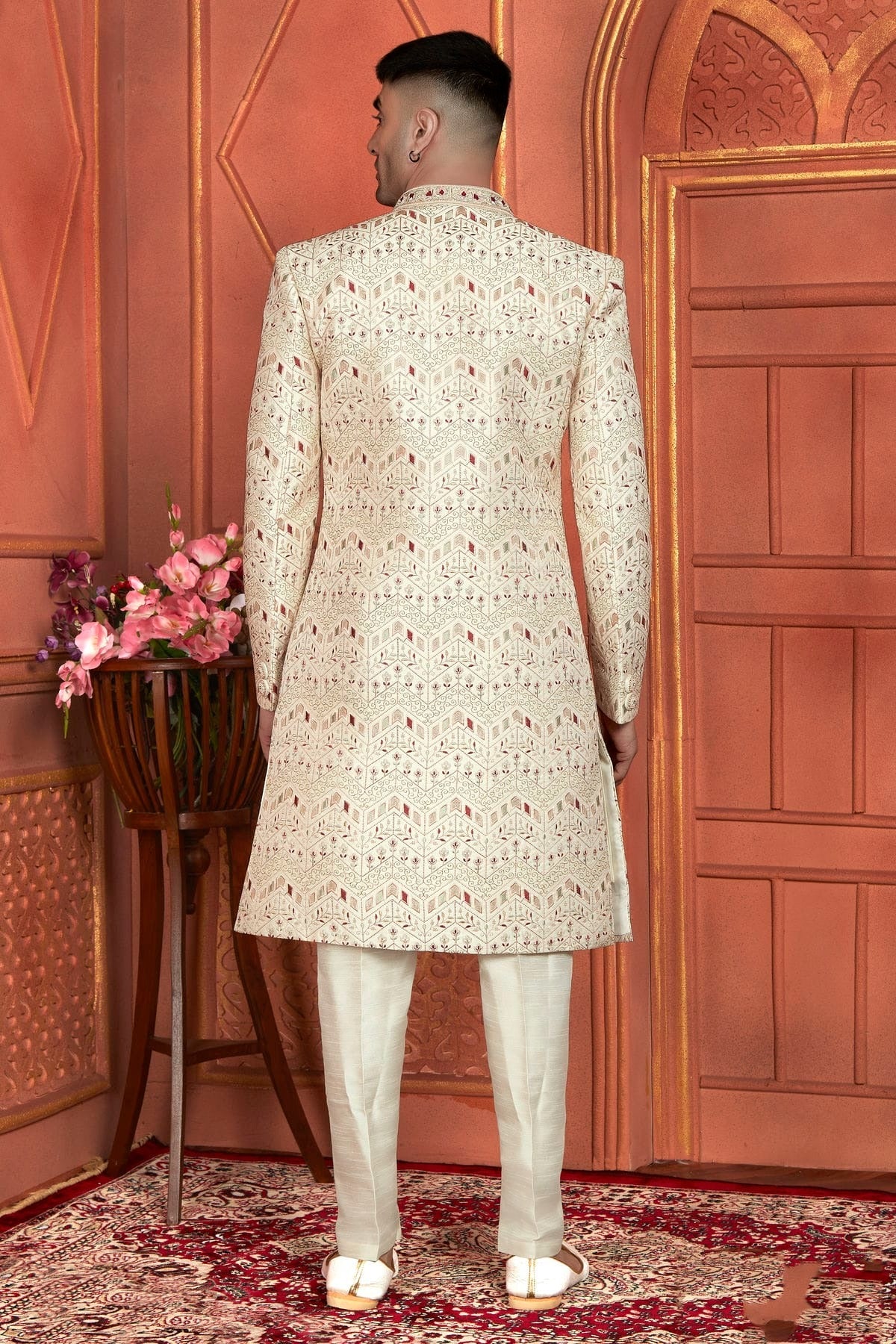 Cream Art Silk Indowestern Sherwan With Aligadhi Pant  NCSH12310364
