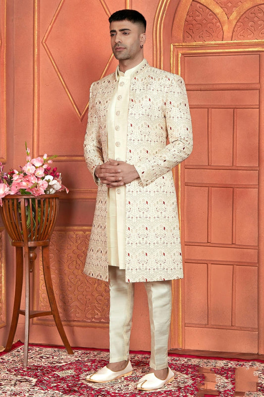 Cream Art Silk Indowestern Sherwan With Aligadhi Pant NCSH12310364