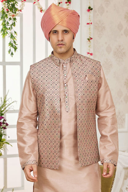 Cream Art Silk Kurta PajamaWith Jacket  NCKP12310106