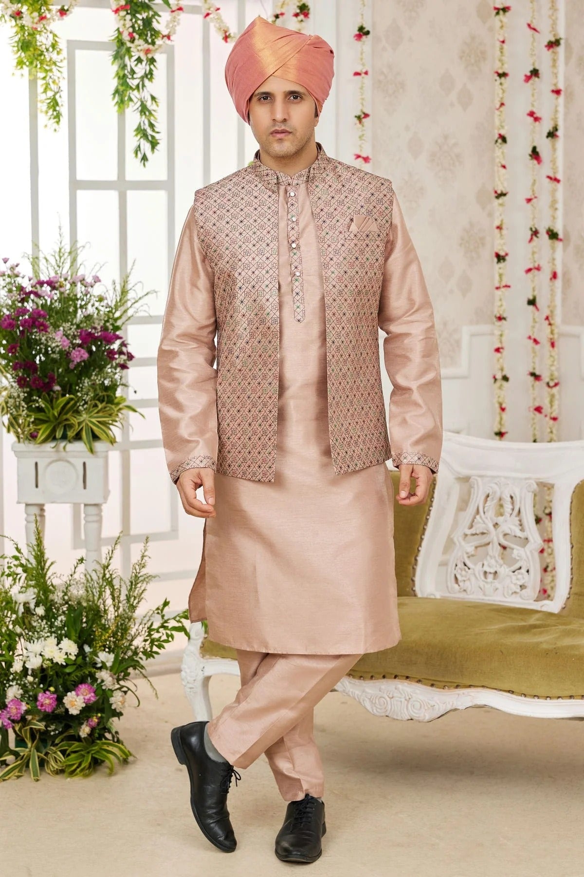 Cream Art Silk Kurta PajamaWith Jacket NCKP12310106