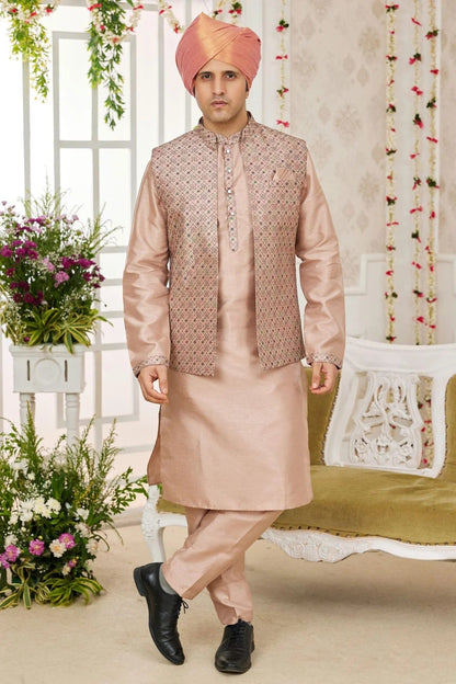 Cream Art Silk Kurta PajamaWith Jacket NCKP12310106