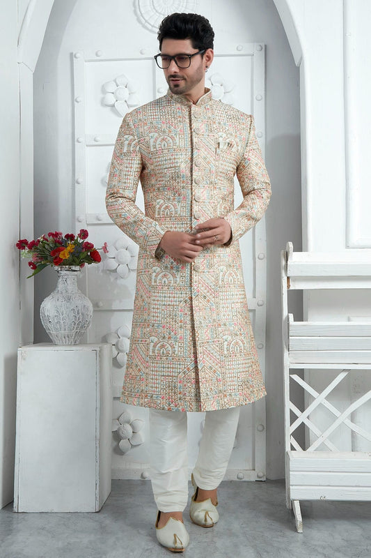 Cream Art Silk Sherwan With Churidar Pant  NCSH12310296