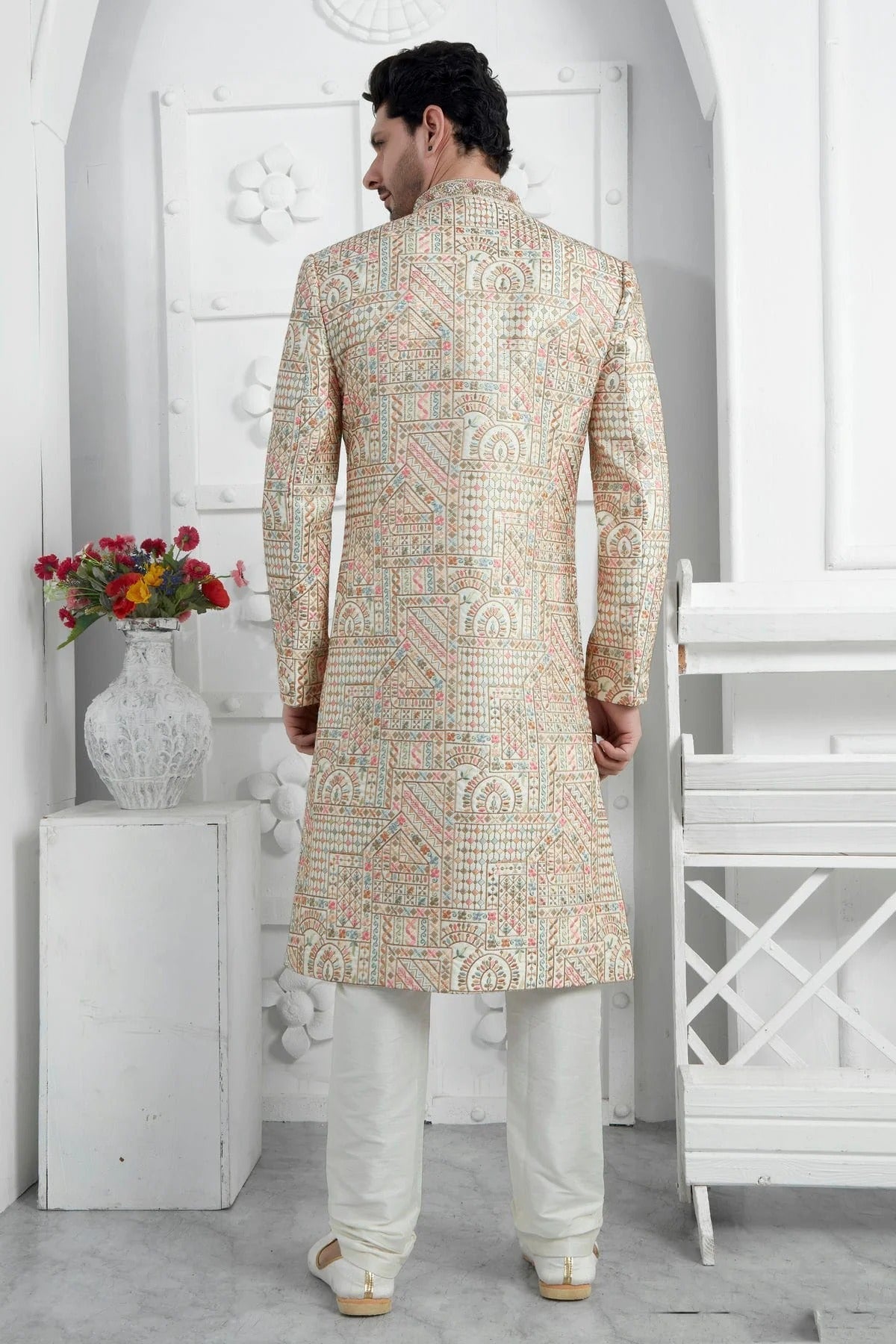 Cream Art Silk Sherwan With Churidar Pant  NCSH12310296