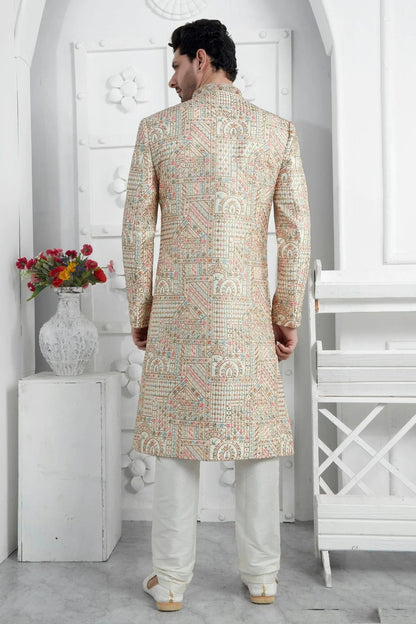 Cream Art Silk Sherwan With Churidar Pant  NCSH12310296