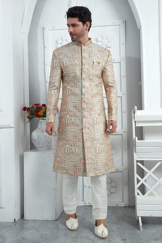 Cream Art Silk Sherwan With Churidar Pant NCSH12310296