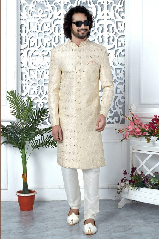 Cream Art Silk Sherwan With Churidar Pant  NCSH12310317