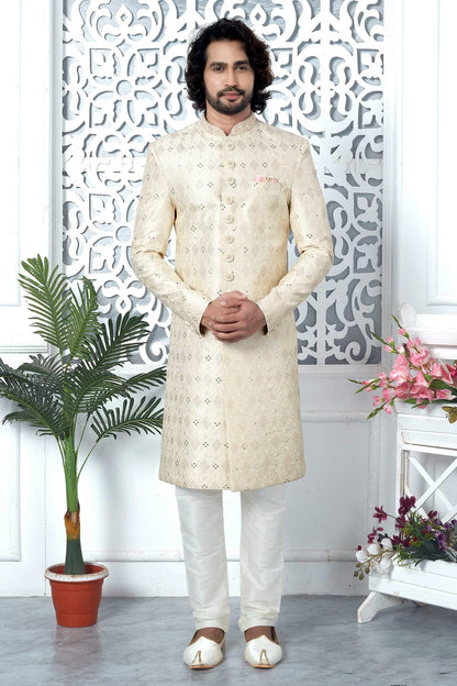 Cream Art Silk Sherwan With Churidar Pant NCSH12310317