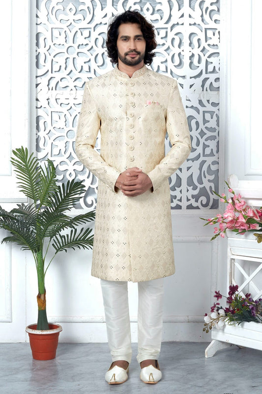 Cream Art Silk Sherwan With Churidar Pant NCSH12310317