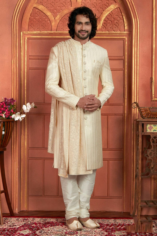 Cream Art Silk Sherwan With Churidar Pant NCSH12310325