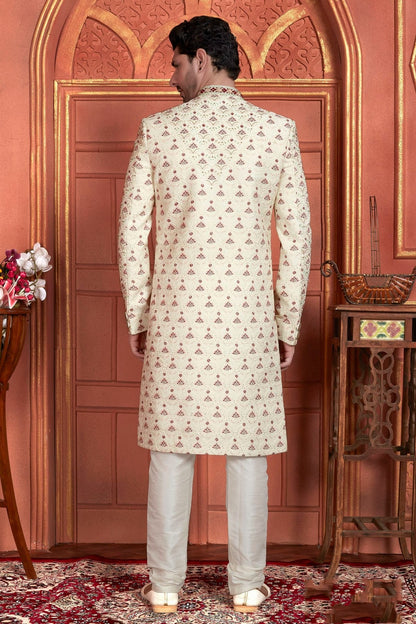 Cream Art Silk Sherwan With Churidar Pant  NCSH12310328