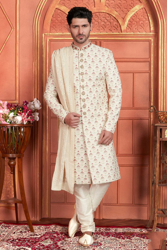 Cream Art Silk Sherwan With Churidar Pant NCSH12310328