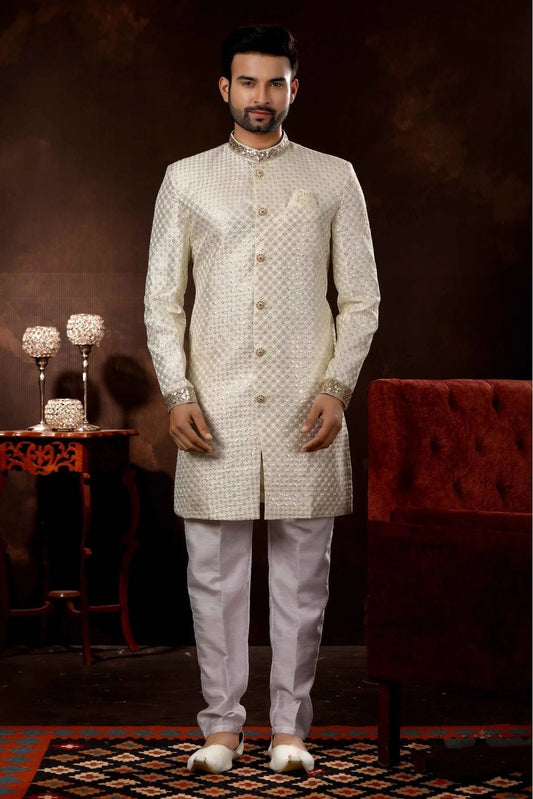 Cream Art Silk Sherwani NCSH10410465
