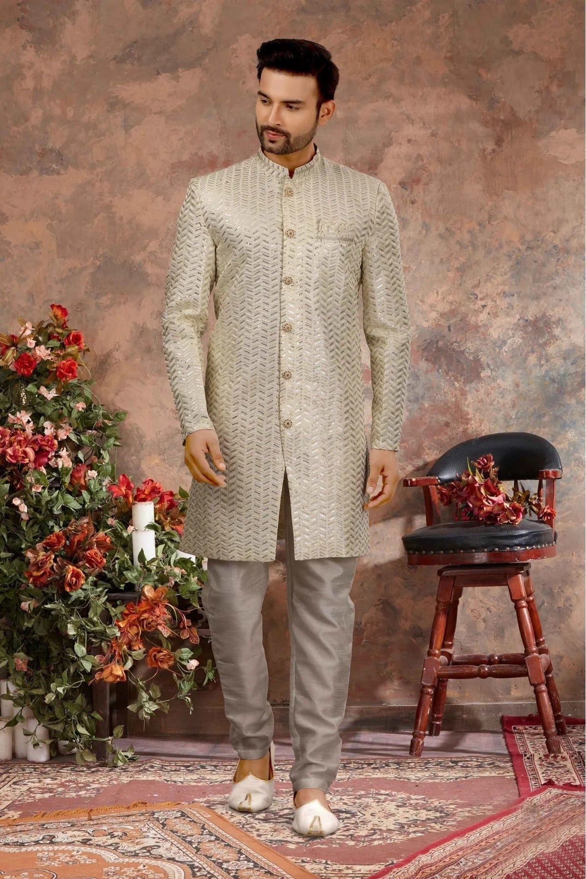 Cream Art Silk Thread Sherwani NCSH10410440