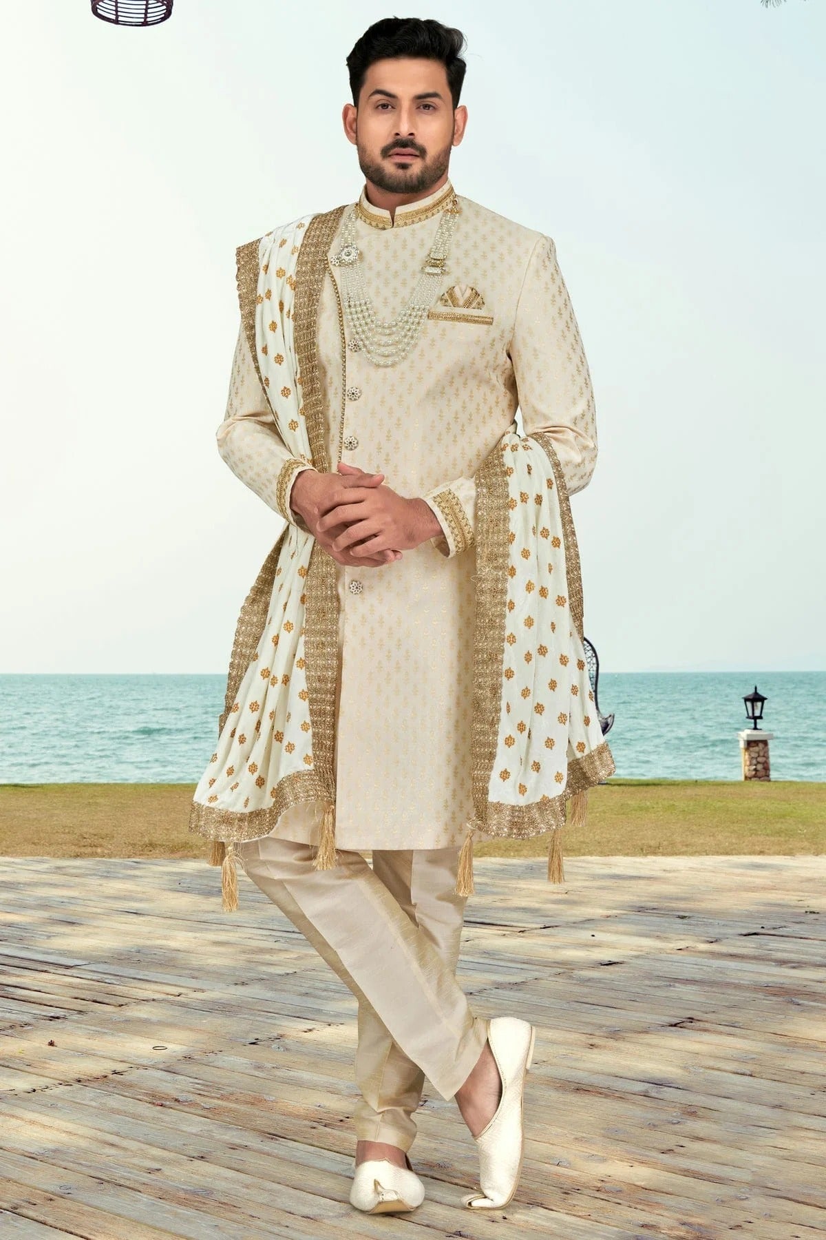Cream Banarasi Jacquard Sherwani NCSH10410285