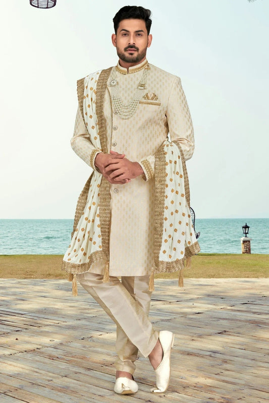 Cream Banarasi Jacquard Sherwani NCSH10410285