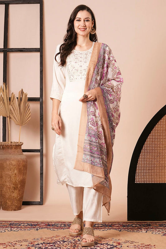 Cream Chanderi Stitched Salwar Suit NCSS11111964